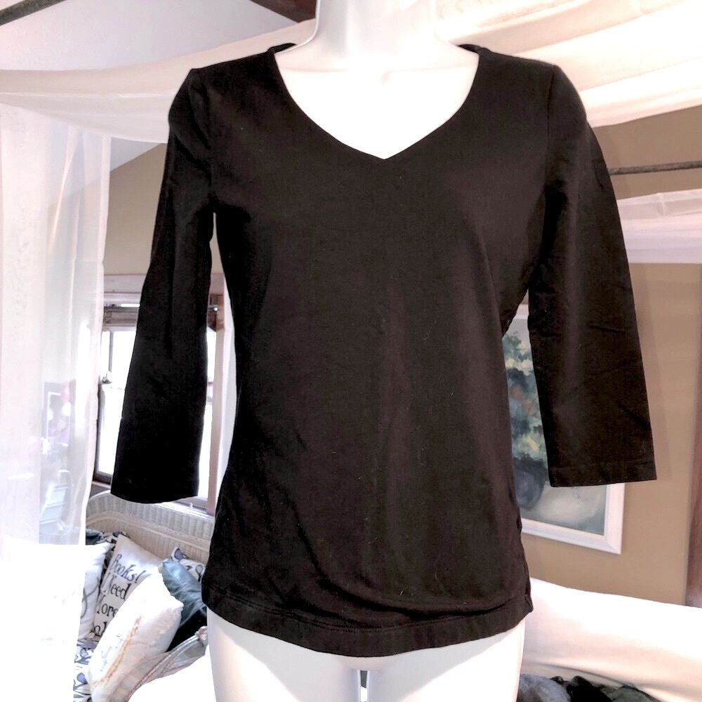 Jillian Jones Petite Black V-Neck Top Shirt 3/4 Sleeves Womens Size PS 90s 2000s